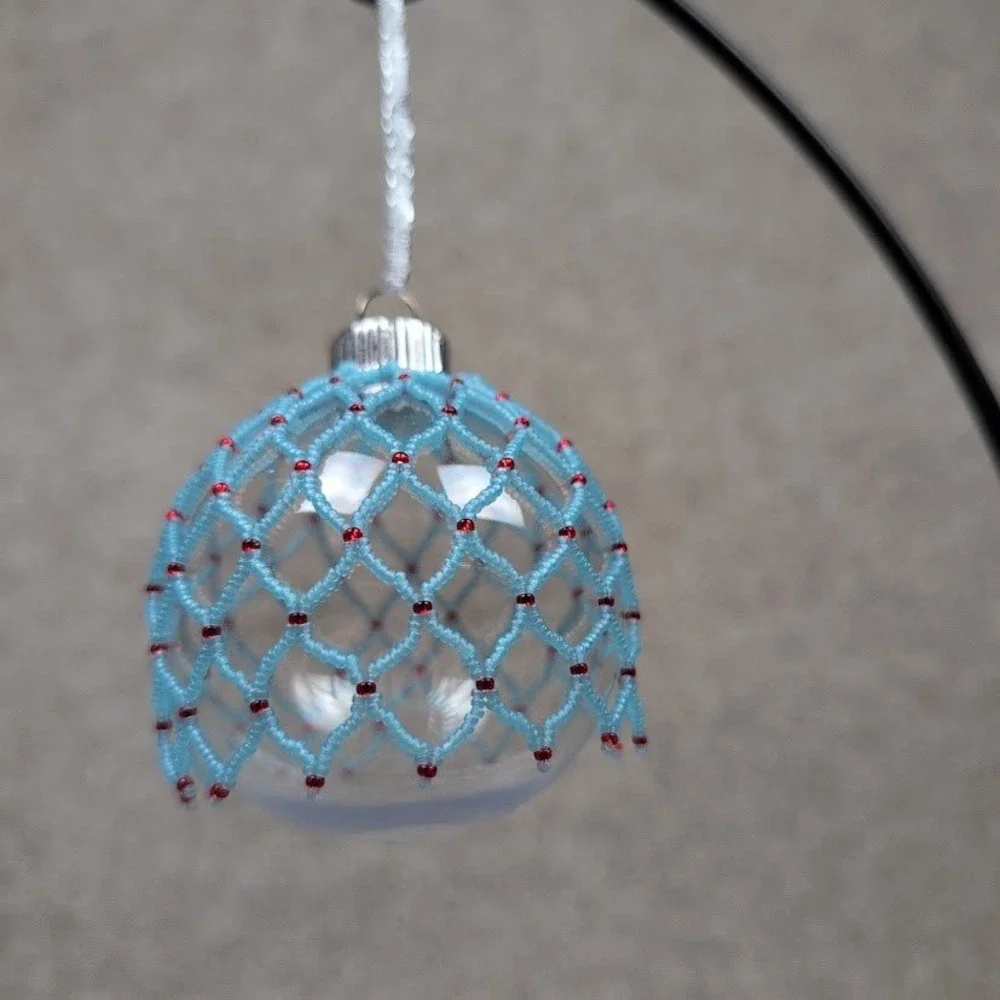 Handmade Beaded Christmas Ornament Blue‎ Red Clear Plastic Ball Holiday Decor